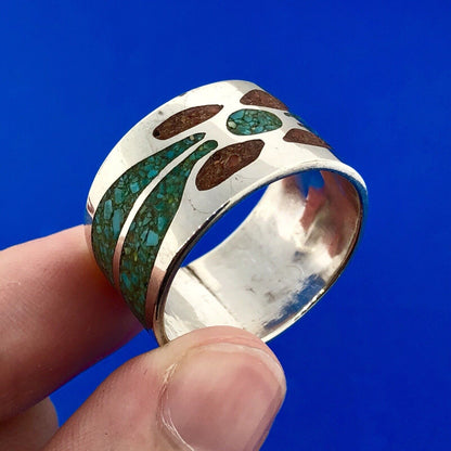 Men's Sterling Silver 925 Turquoise Red Coral Spiderweb Inlay Wide Band Ring