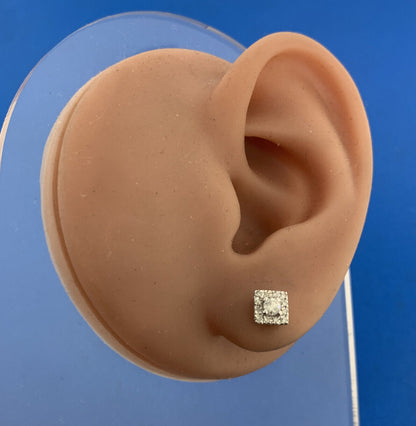 Designer 14K White Gold Diamond Solitaire With Halo Accented Stud Earrings