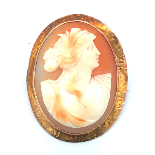 Victorian Vintage 10K Oval Carved Shell Cameo Scroll Statement Brooch Pendant