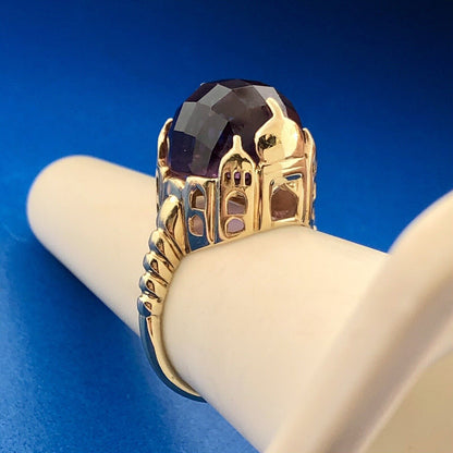 Retro 10K Yellow Gold Amethyst Spheroid Siam Temple Mounting Statement Ring