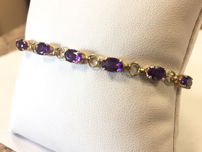 10k Yellow Gold Oval Amethyst February Birthday Anniversary Tennis Bracelet