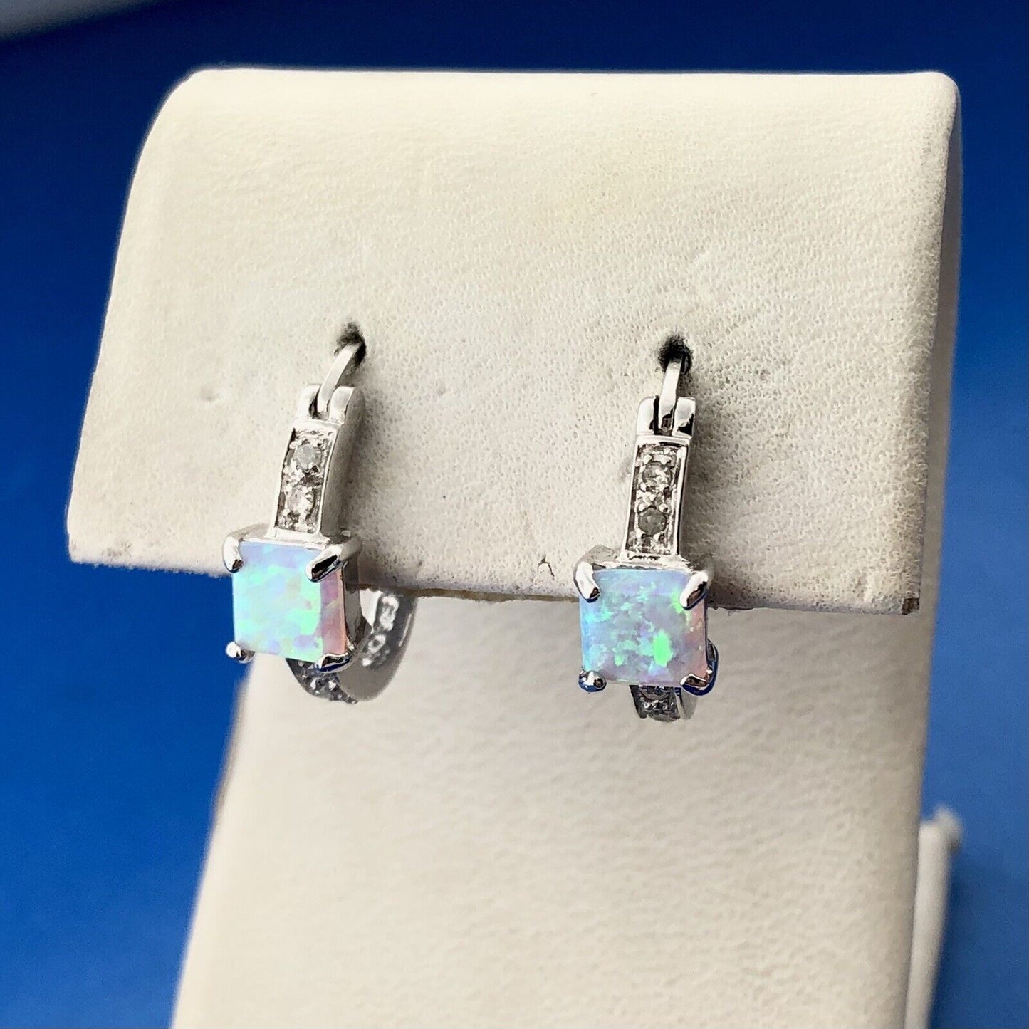 Designer MD 925 Sterling Silver Opal Diamond October Petite Hoop Earrings