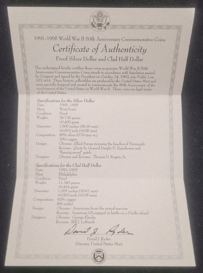 1991-1995 WWII 50th Anniversary Two Coin .900 Silver Proof Commemorative Set