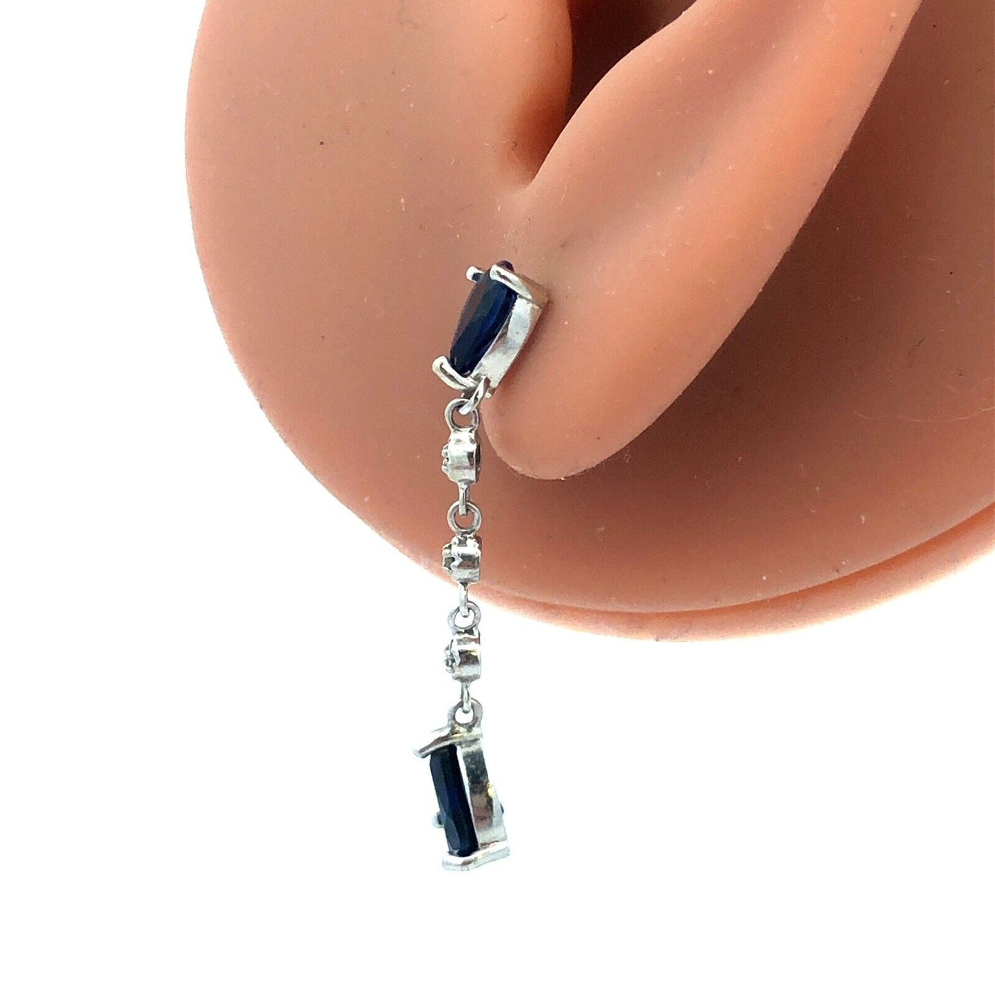 Designer 10K White Gold Pear Cut Blue Sapphire Diamond Drop Dangle Stud Earrings