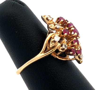 Vintage HJW 14K Yellow Gold Ruby Diamond Cluster Waterfall Cocktail Ring