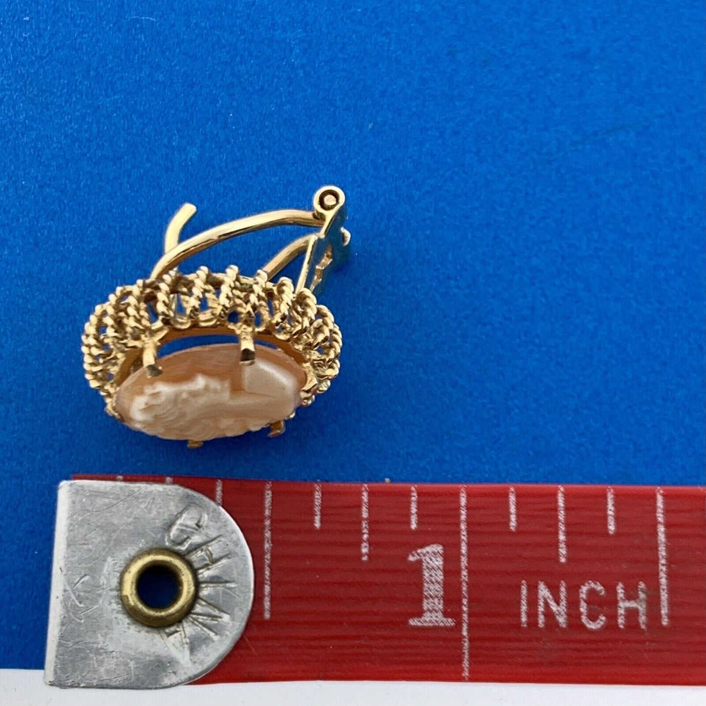 Gorgeous 14k Yellow Gold Orange Cameo Shell Rope Accent Omega Back Stud Earrings