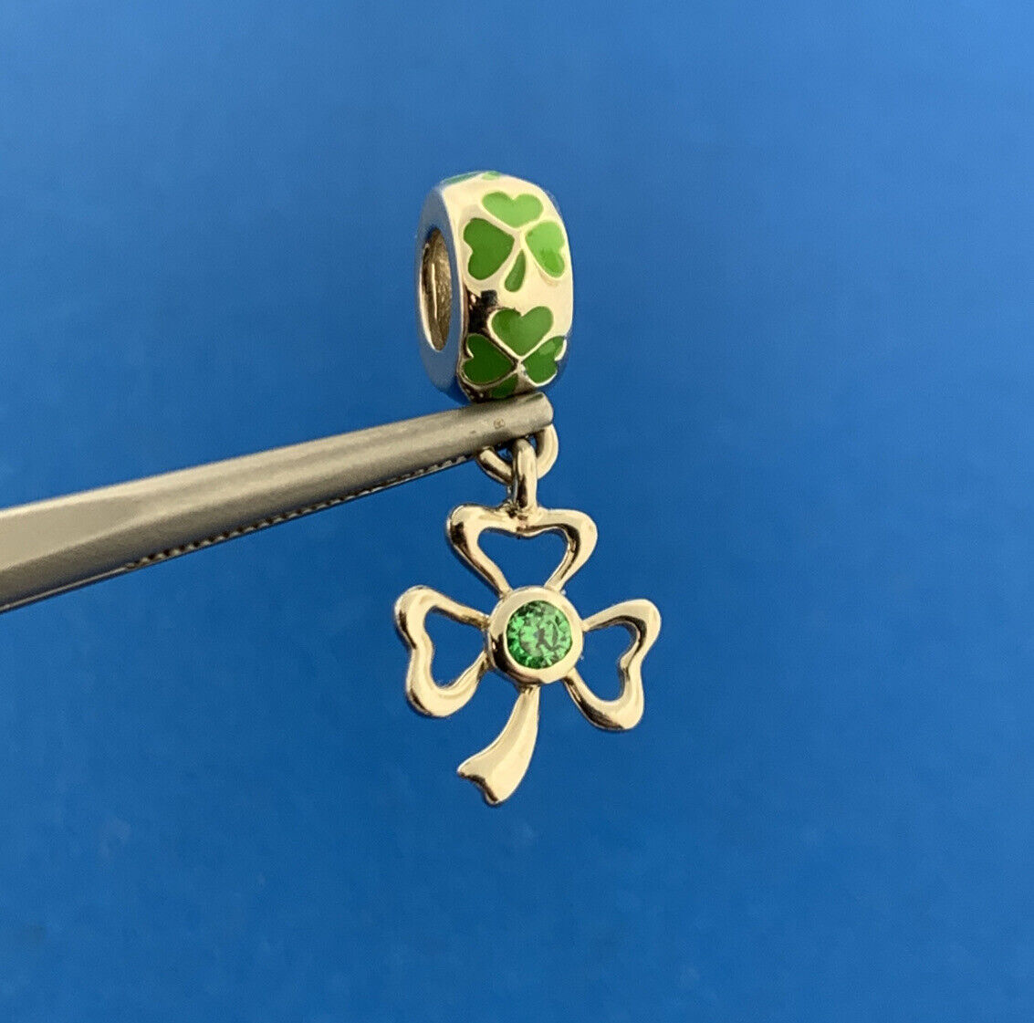 Tara's Diary 925 Sterling Silver Green CZ Enamel 3 Leaf Good Luck Clover Charm