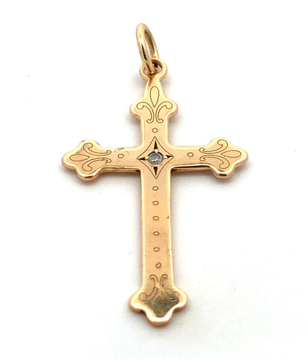 Designer 14K Yellow Gold Round Diamond Solitaire Polished Cross Pendant