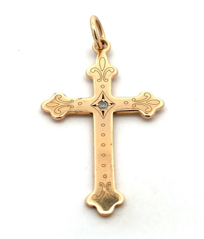 Designer 14K Yellow Gold Round Diamond Solitaire Polished Cross Pendant