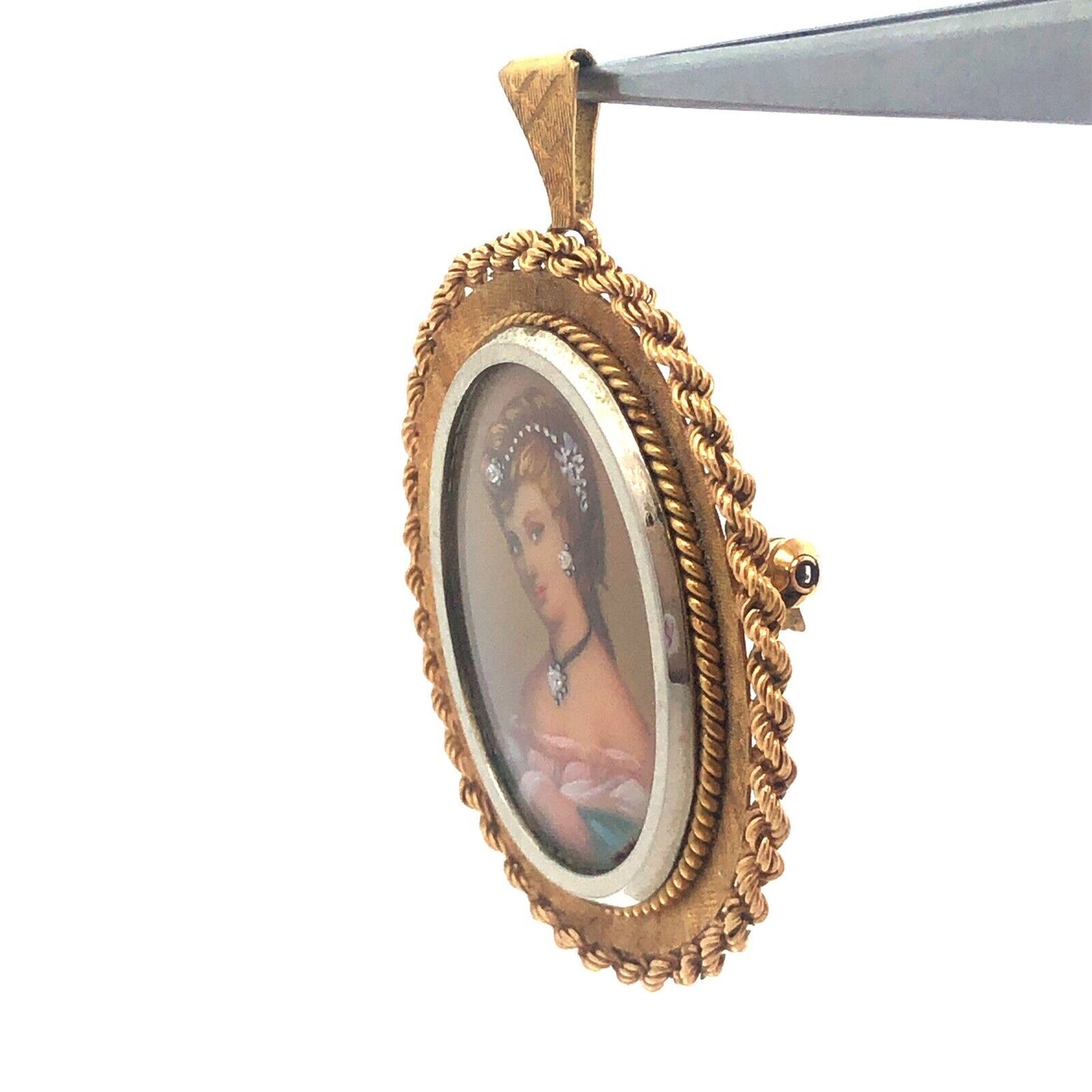 Vintage FJE Italy 18k Yellow Gold Diamond Hand Painted Portrait Brooch Pendant