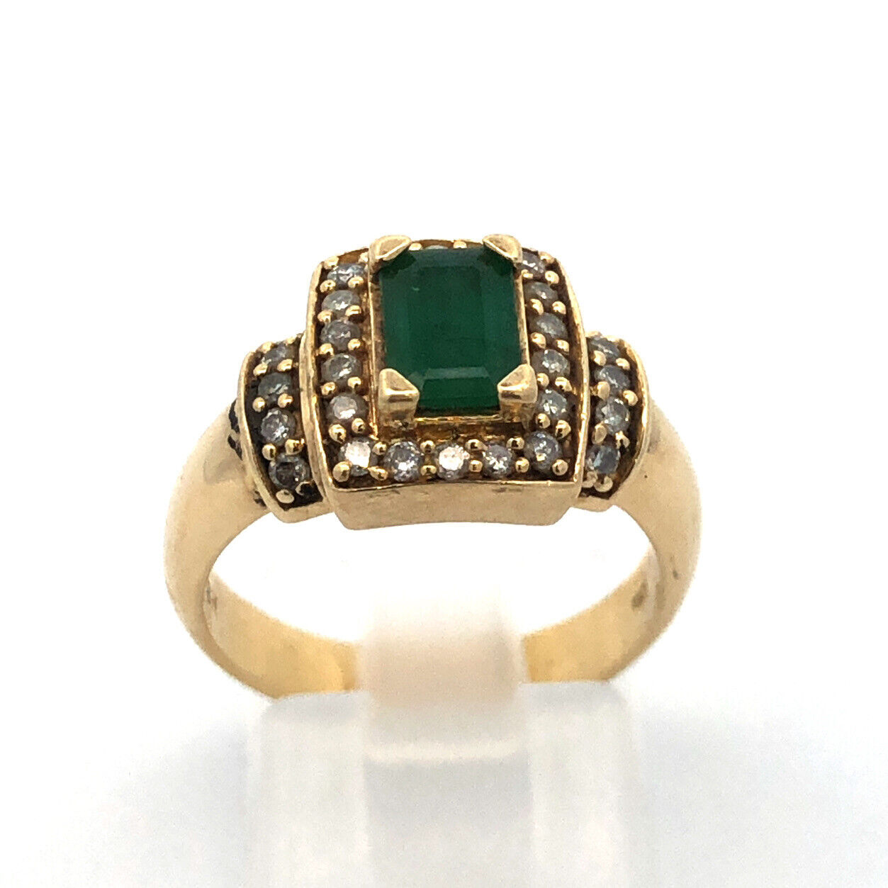 Vintage 14K Yellow Gold Emerald Diamond Halo Statement Cocktail Ring