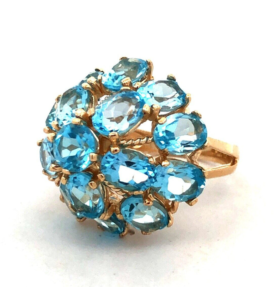 Designer EL 10K Yellow Gold Oval Blue Topaz Round Dome Statement Cocktail Ring