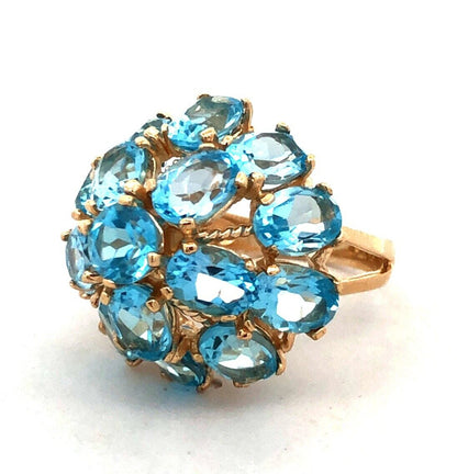 Designer EL 10K Yellow Gold Oval Blue Topaz Round Dome Statement Cocktail Ring
