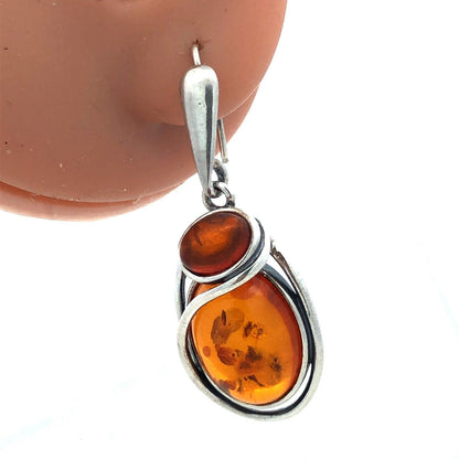Estate Vintage 925 Sterling Silver Amber Cabochon Modernist Dangle Drop Earrings