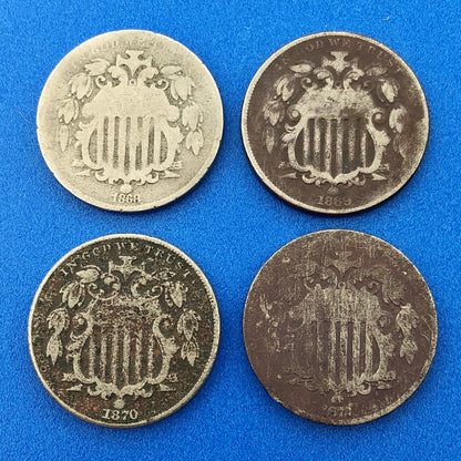 1870 P Shield Nickel Variety 2 Four Coin Mixed Date Better Philadelphia Lot