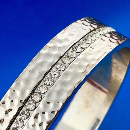 Designer Silver Tone Cubic Zirconia CZ Hammered Statement Bangle Bracelet