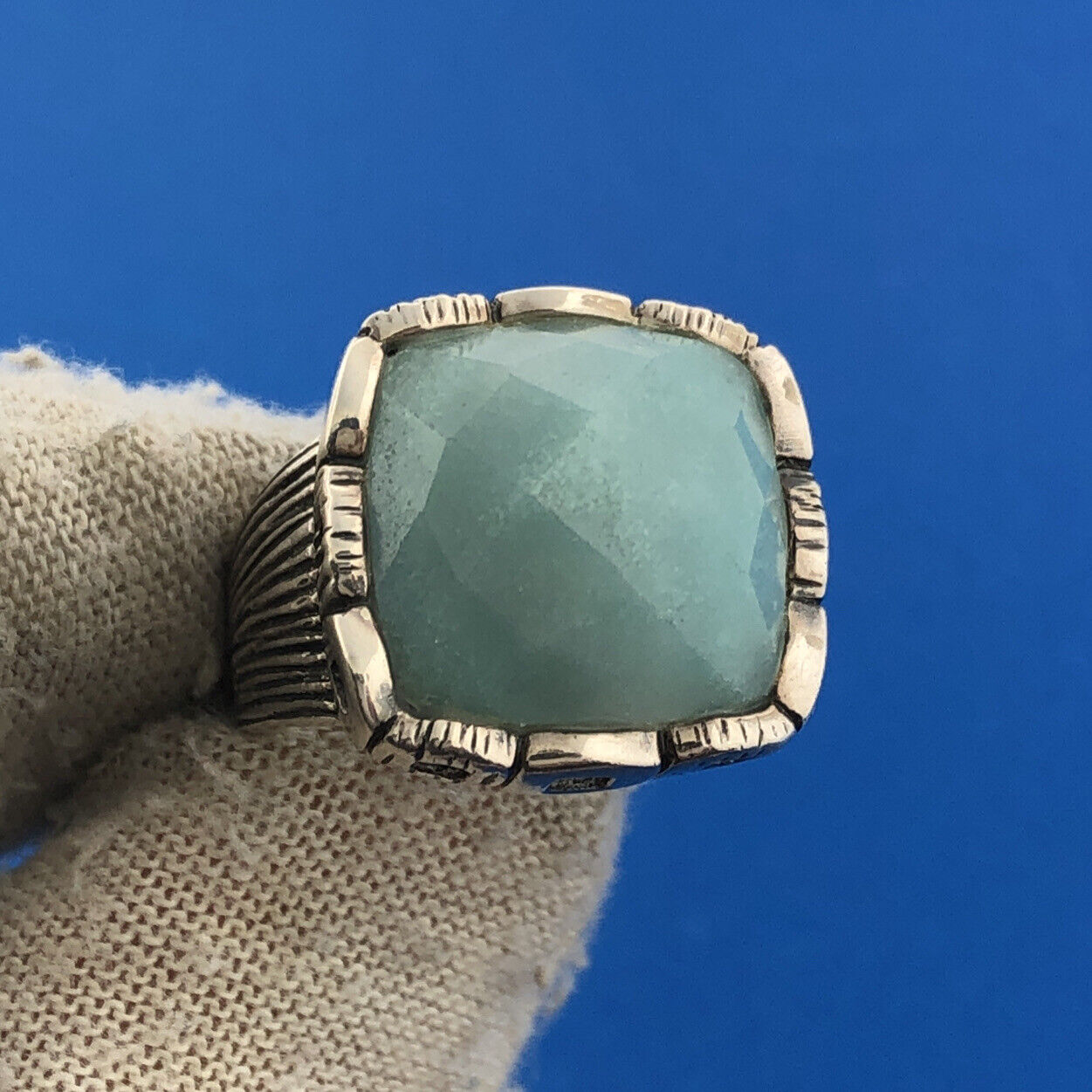 Designer RE Sterling Silver 925 Faceted Blue Aventurine Dome Cocktail Ring