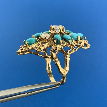14K Yellow Gold Turquoise White Quartz Cluster Free Form Statement Cocktail Ring
