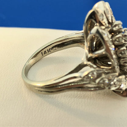 Estate 14K White Gold Diamond Feather Flower Cluster Statement Anniversary Ring
