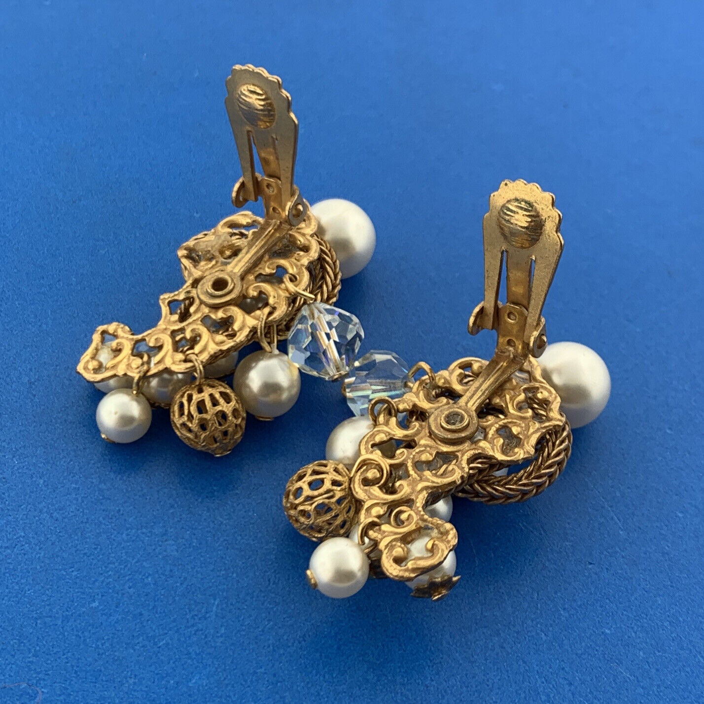 Vintage Gold Tone Faux Pearl Crystal Bead Knotted Rope Statement Clip Earrings