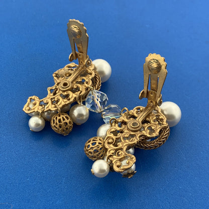 Vintage Gold Tone Faux Pearl Crystal Bead Knotted Rope Statement Clip Earrings