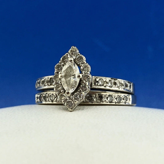 14K White Gold Marquise Solitaire Halo Accents Engagement Ring Band Bridal Set