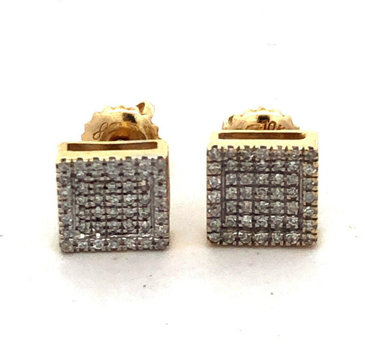 Designer 10K Yellow Gold Diamond Pave Encrusted Square Screw-Back Stud Earrings