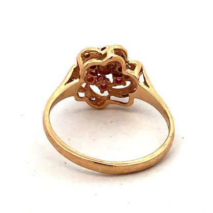 Designer HJW 14K Yellow Gold Round Diamond Ruby Flower Cocktail Ring