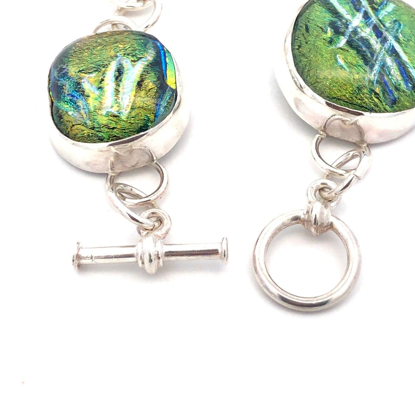 Artisan Sterling Silver Green Dichroic Glass Statement Toggle Bracelet