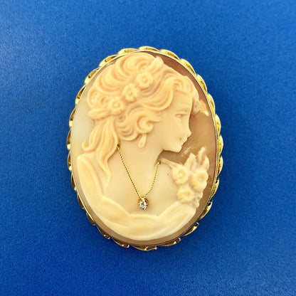Victorian 14K Yellow Gold Oval Carved Cameo Diamond Accent Pin Brooch Pendant