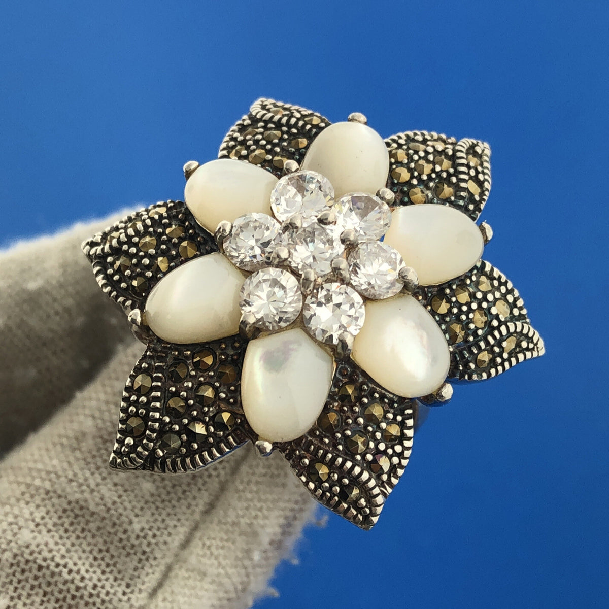 Sterling Silver FAS Cubic Zirconia CZ Moonstone Marcasite Flower Floral Ring