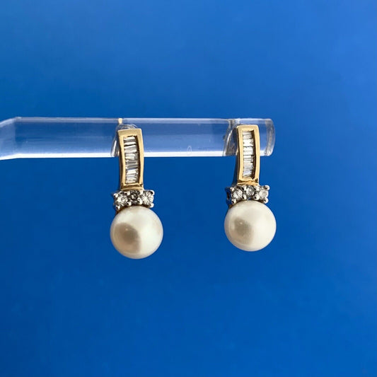 10K Yellow Gold Pearl Diamond June Bridal Anniversary Drop Stud Earrings