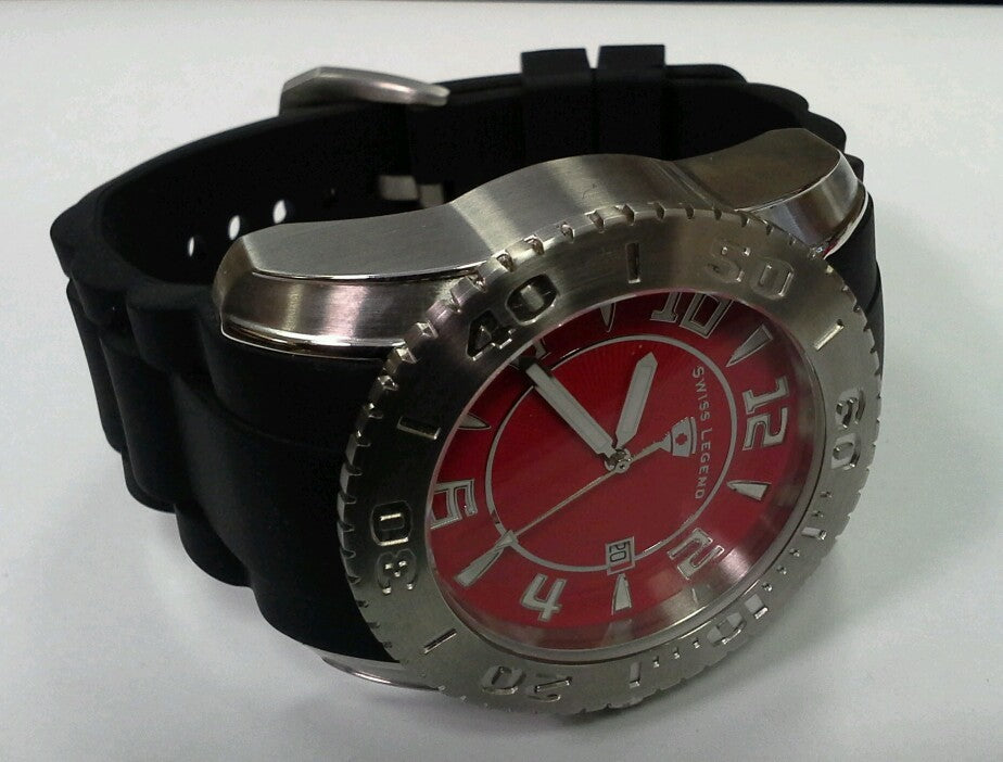 Swiss Legend Men Commander Stainless Steel Black Silicone Red Dial Watch 316L
