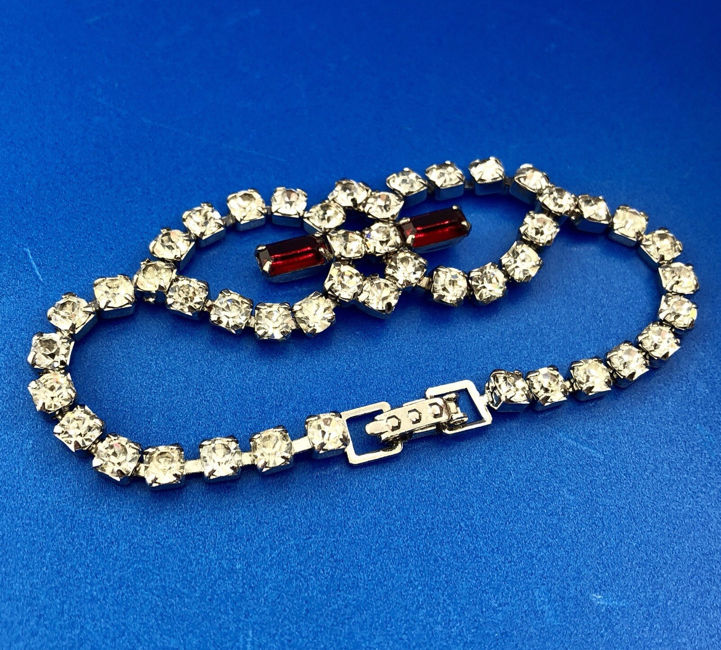 Vintage Silver Tone Rectangle Red Round White Rhinestone Valentine Bracelet