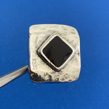 Vintage Hammered 925 Sterling Silver Square Black Onyx Clip On Earrings