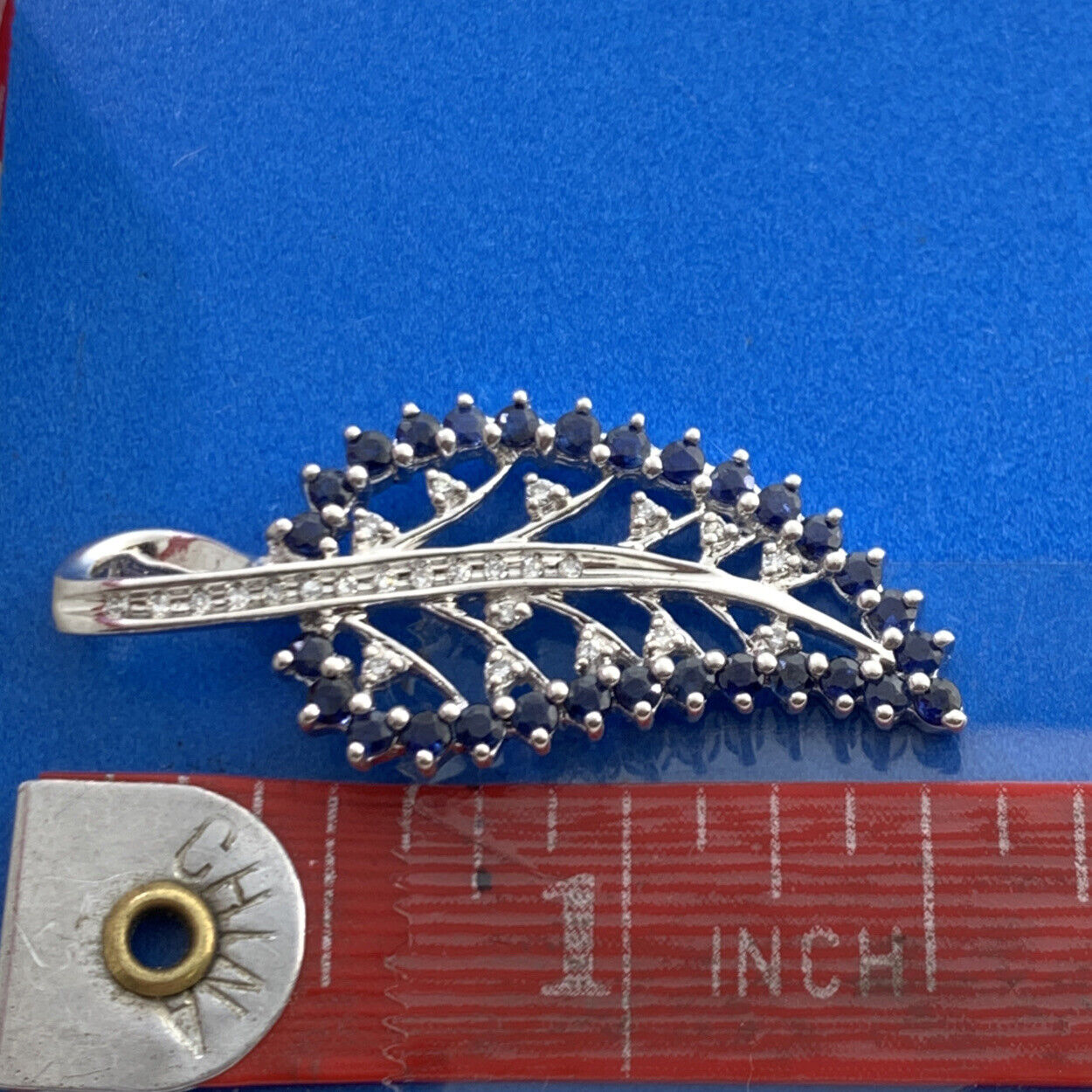 Designer GRP Blue Sapphire Diamond 925 Sterling Silver Leaf Nature Pendant