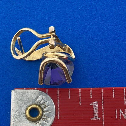 Gorgeous 14k Yellow Gold Round Cut Purple Sapphire Modernist Omega Stud Earrings