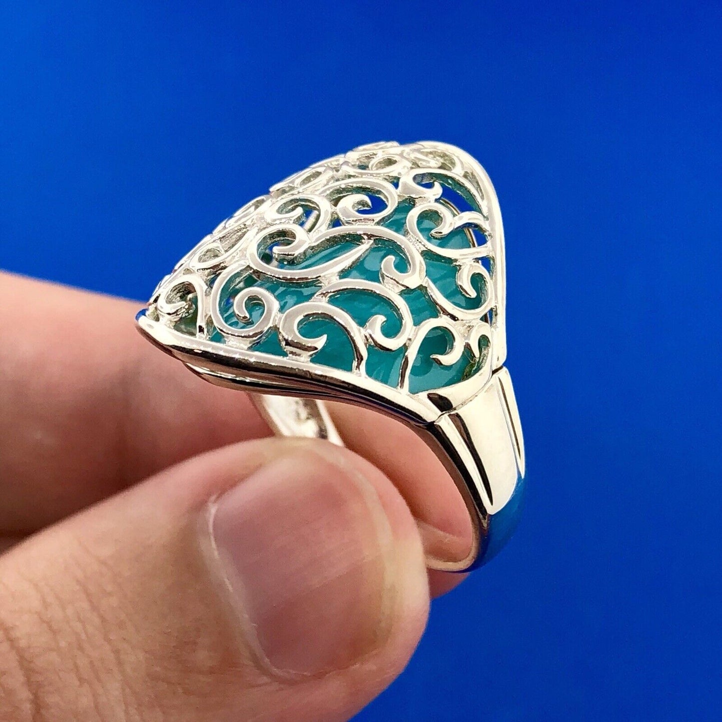 Designer 925 Sterling Silver Aqua Enamel Swirl Scroll Open Work Statement Ring