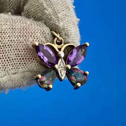 10k Yellow Gold Marquise Amethyst Pear Mystic Topaz Butterfly Dangle Pendant