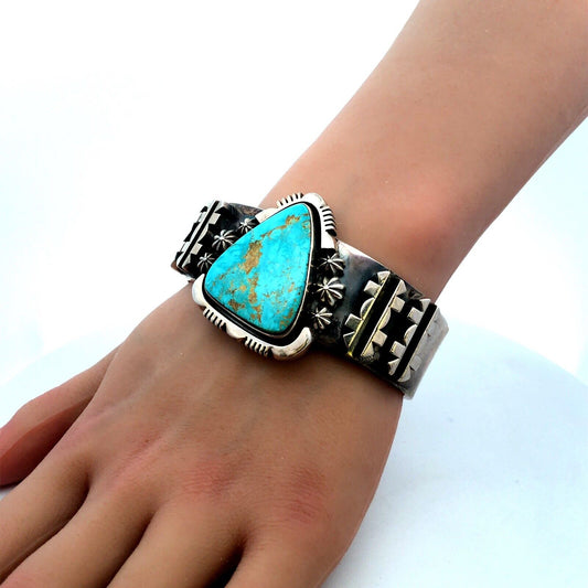 Jimmy Secatero Navajo 925 Sterling Silver Turquoise Statement Open Cuff Bracelet