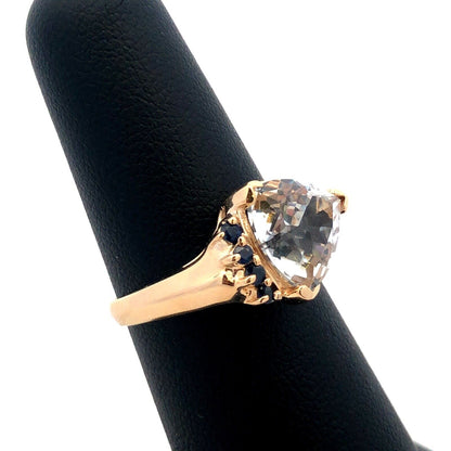 14K Yellow Gold Designer Trillion Cut White Topaz Blue Sapphire Accent Ring