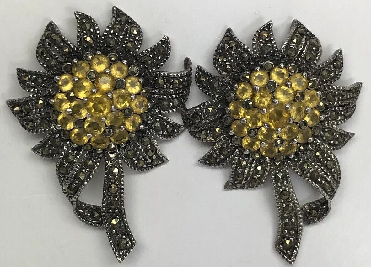 Art Deco Sterling Silver 925 Lemon Quartz Marcasite Sunflower Statement Earrings