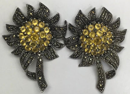 Art Deco Sterling Silver 925 Lemon Quartz Marcasite Sunflower Statement Earrings