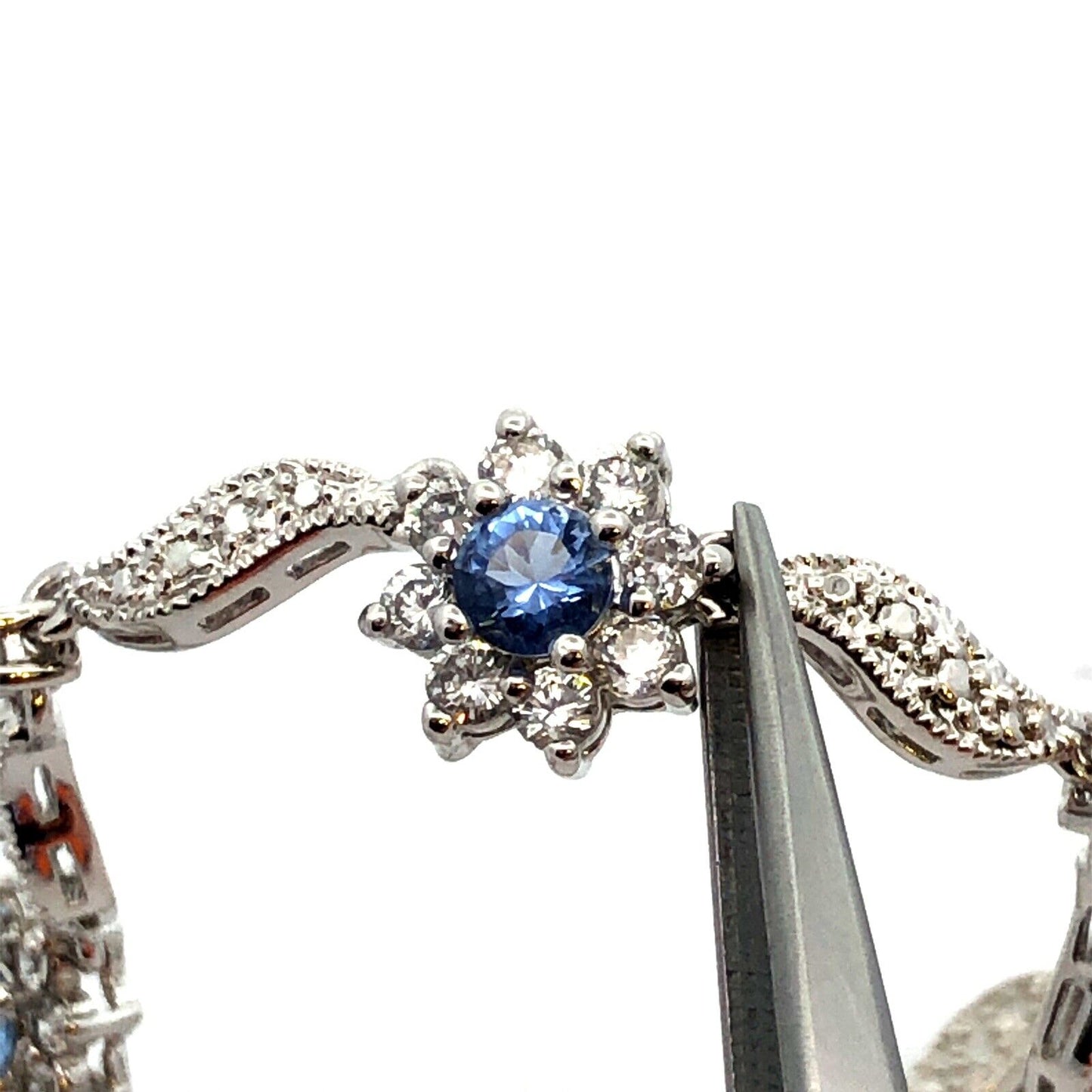Blue and White Cubic Zirconia 925 Sterling Silver Flower Stations Necklace