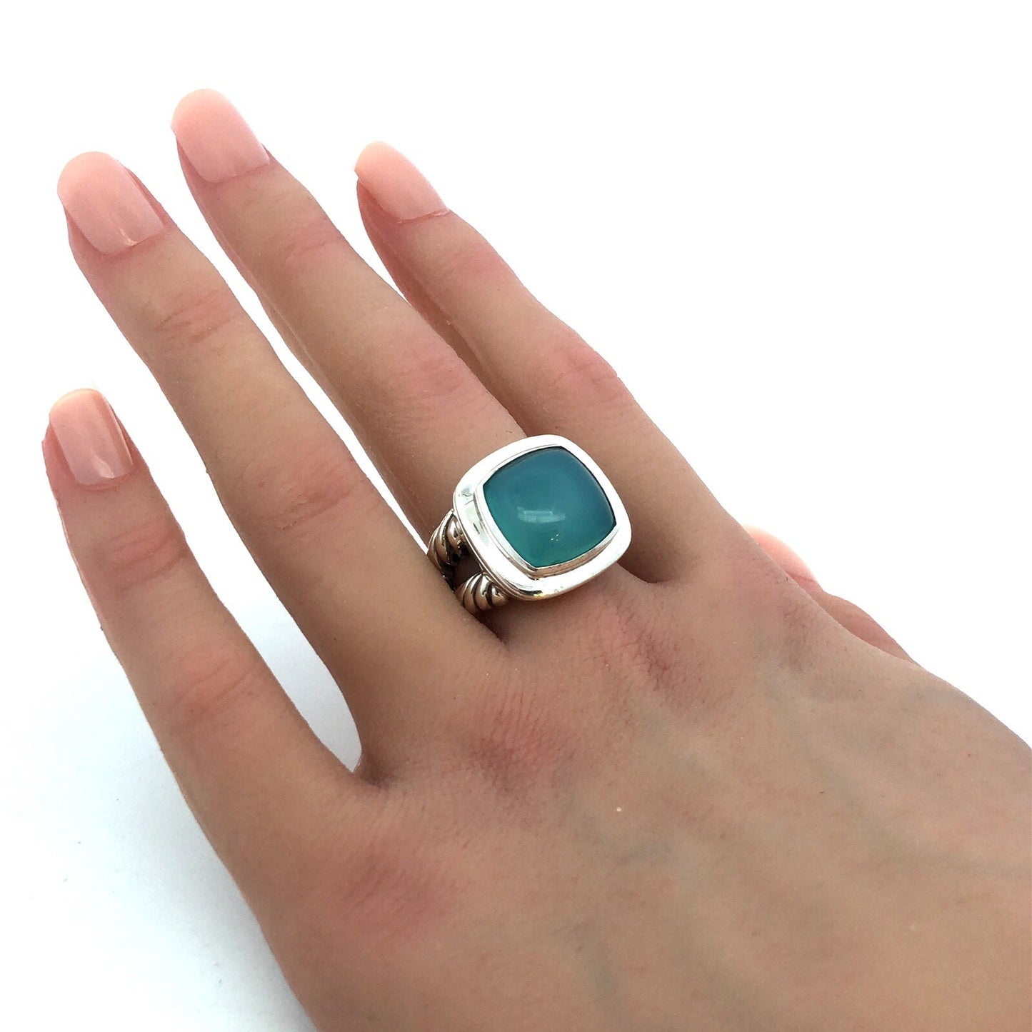 David Yurman 925 Sterling Silver Aqua Chalcedony Square Albion Statement Ring