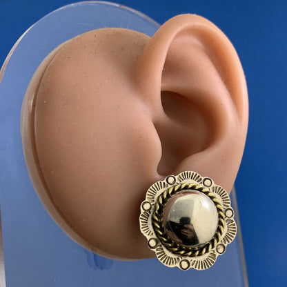 Vintage Two-Toned 925 Sterling Silver Flower Dome Concho Stud Earrings