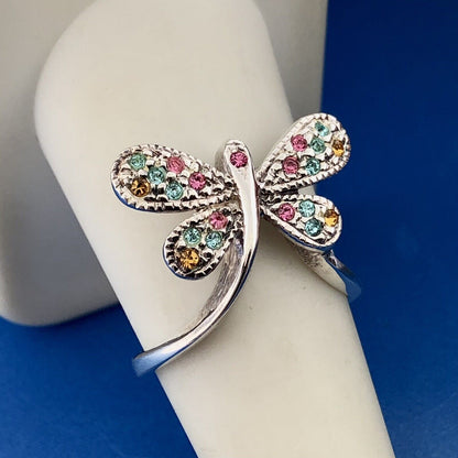 Modernistic Sterling Silver Pink Blue Yellow Cubic Zirconia CZ Butterfly Ring