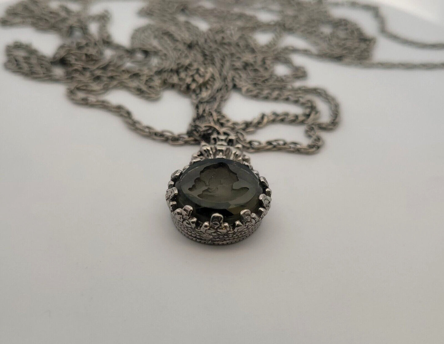 1960'S Goldette Silver Tone Smoky Glass Incused Cameo Layered Chain Necklace