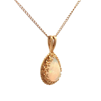 Designer 14K Yellow Gold Pear White Opal Pendant Chain Necklace