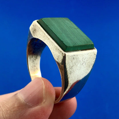 Vintage Taxco Mexico TH-107 Sterling Silver Malachite Men's Statement Dome Ring